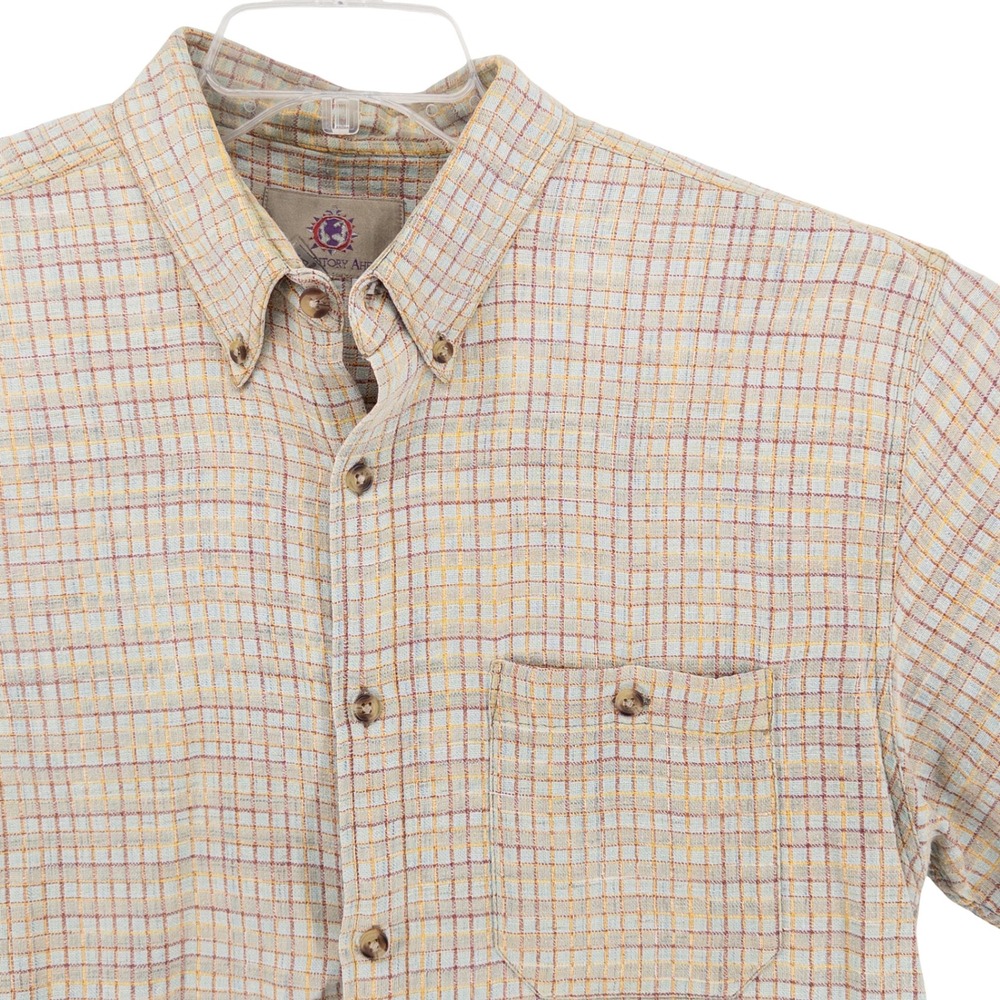 Vintage The Territory Ahead Mens L Shirt Tan Plaid Short Sleeve Button Textured